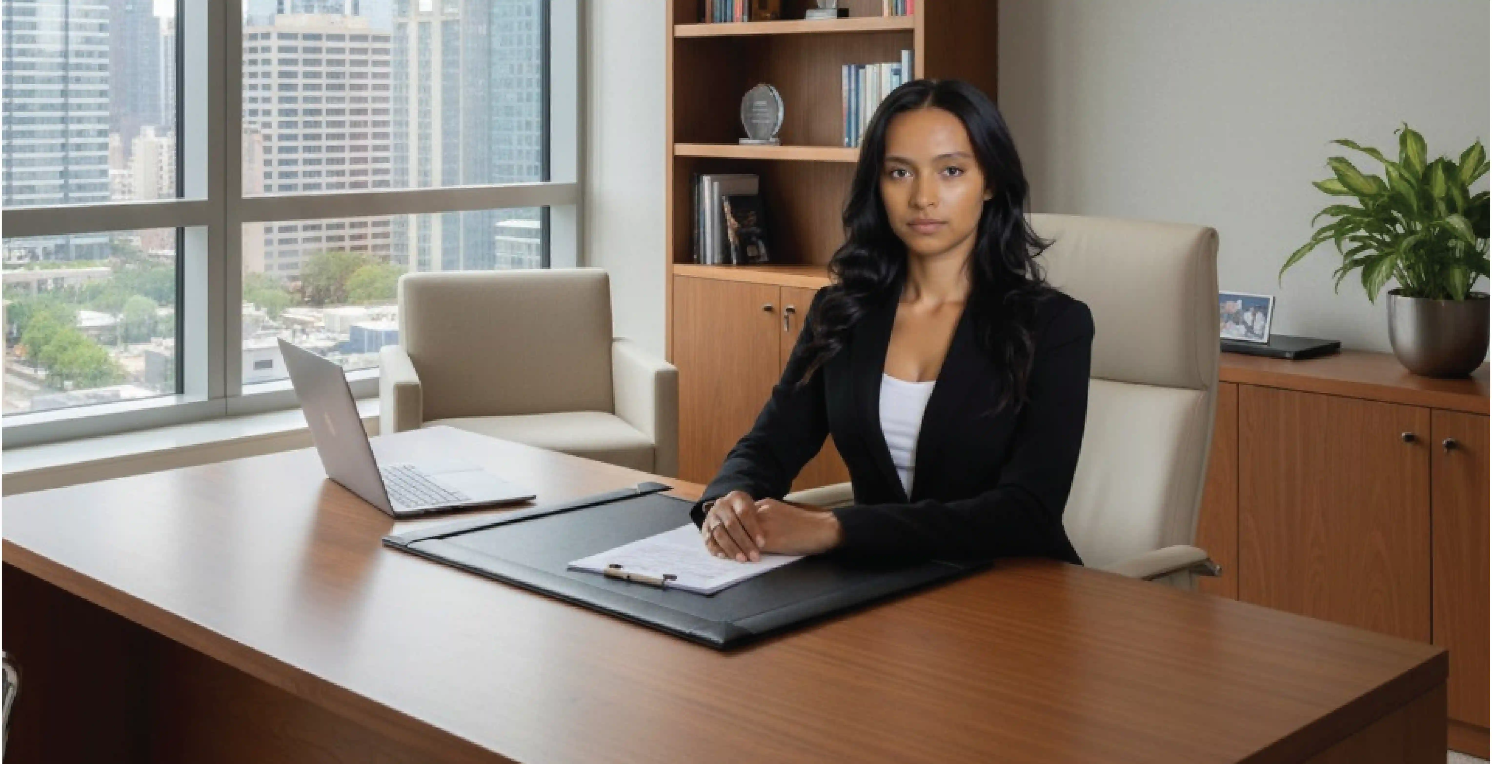 A smiling real estate partner sitting at a desk.